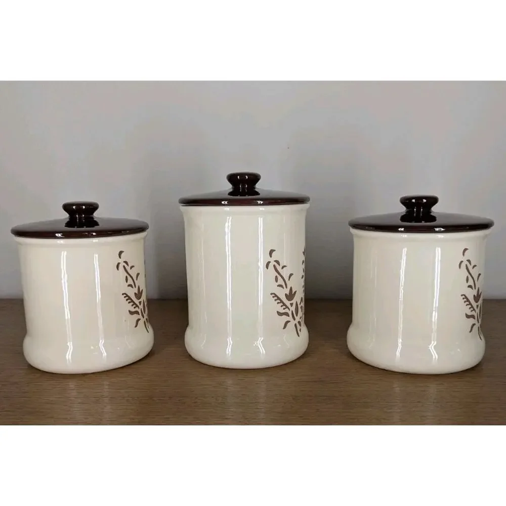 Vintage Holiday Designs USA Canister Set Of 3 Ceramic Brown White Floral Cut Out